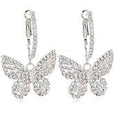 Fanquility Crystal Butterfly Drop Dangle Earrings Chic Round Circle Open Earrings Tiny Cute Sparkly Rhinestone Drop Hoop Earrings Jewelry Gift for Women Girls