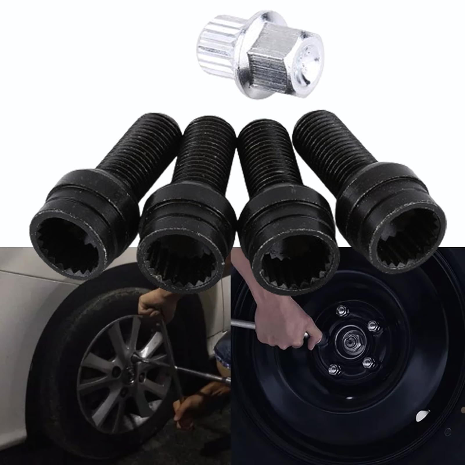 Qiilu Locking Wheel Nut Set, 4+1 M14*1.5MM Steel Bolts Black Locking Lug Nuts Steel Bolt & Lock Lug Nut Set with Key Replacement Accessories