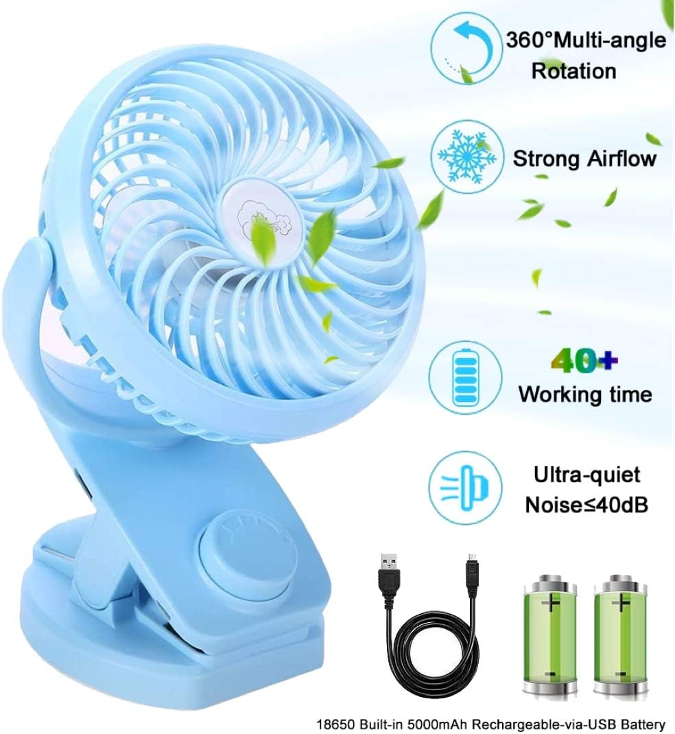 AUSEIN Mini Clip-on Fan 5000mAh Rechargeable Battery Operated USB Desk Fan Portable Personal Fan Small Quiet Stroller Fan for Home, Office, Travel, Camping, Baby Pram, Pushchairs, Buggy, Car (Blue)