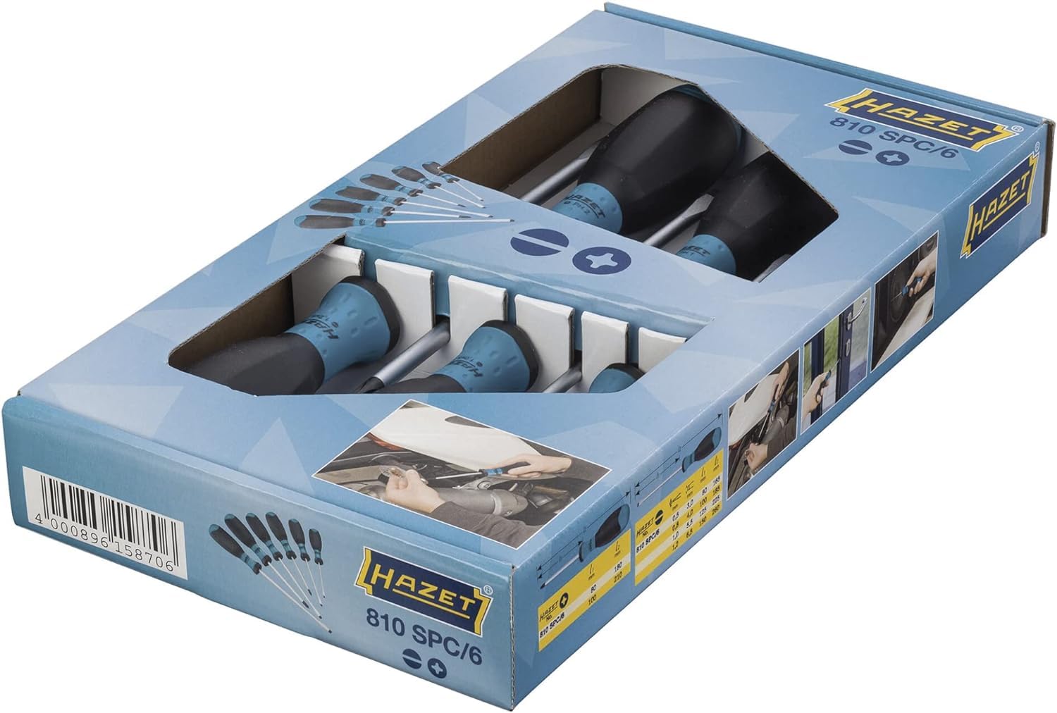 HAZET Schraubendreher-Satz 810SPC/6 I 6-teilig mit rutschfestem 3-Komponenten-Griff für hohe Kraftübertragung I mattverchromte Oberfläche, 4x Schlitz-Profil, 2x Kreuzschlitz-Profil 2