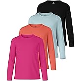 Real Essentials 4 Pack: Girls' Dry-Fit Long Sleeve Crew Neck T-Shirt - Athletic Activewear Soccer Top for Teens Kids Youth