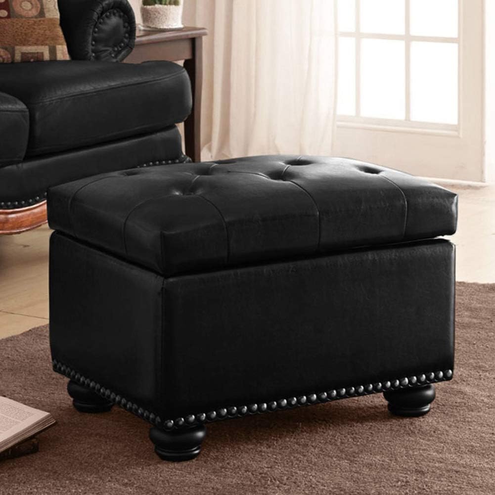 Traditional Rectangular False-Leather Storage Ottoman,with Tufted Footstool Bench with Brass Color Rivet Wood Legs-Black 60x40x45cm(24x16x18)