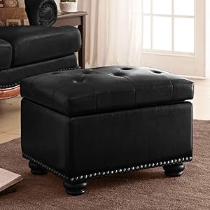 Traditional Rectangular False-Leather Storage Ottoman,with Tufted Footstool Bench with Brass Color Rivet Wood Legs-Black 60x40x45cm(24x16x18)