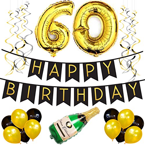 Sterling James Co. 60th Birthday Party Pack â€“ Black & Gold Happy Birthday Bunting, Poms, and Swirls Pack- Birthday Decorations â€“ 60th Birthday Party Supplies