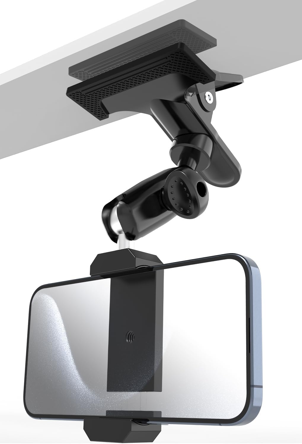 LYFPOOM Sun Visor Metal Phone Holder for Car, [Two Swivel Ball Heads] Cellphone Holder for Vehicle with 1/4'' Clamp Fit for iPhone 15/14/ 13/12 Pro Max, Galaxy S24/ 23/22, and More 4-7'' Smartphone