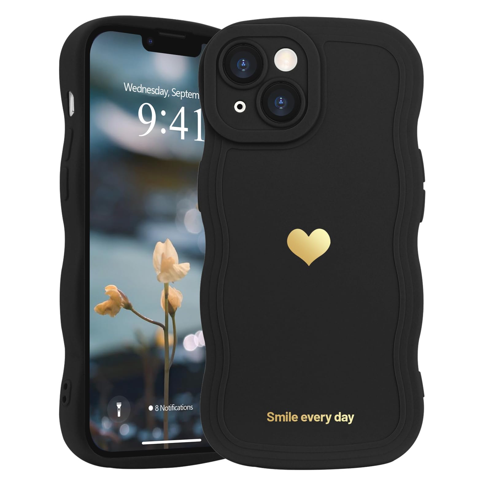 LAPOPNUT for iPhone 14 Case,Cute Curly Wave Frame Love Heart Phone Case for Girls Women,Soft Silicone TPU Bumper Shockproof Camera Protective Cover for iPhone 14 6.1 inch,Black — image 1