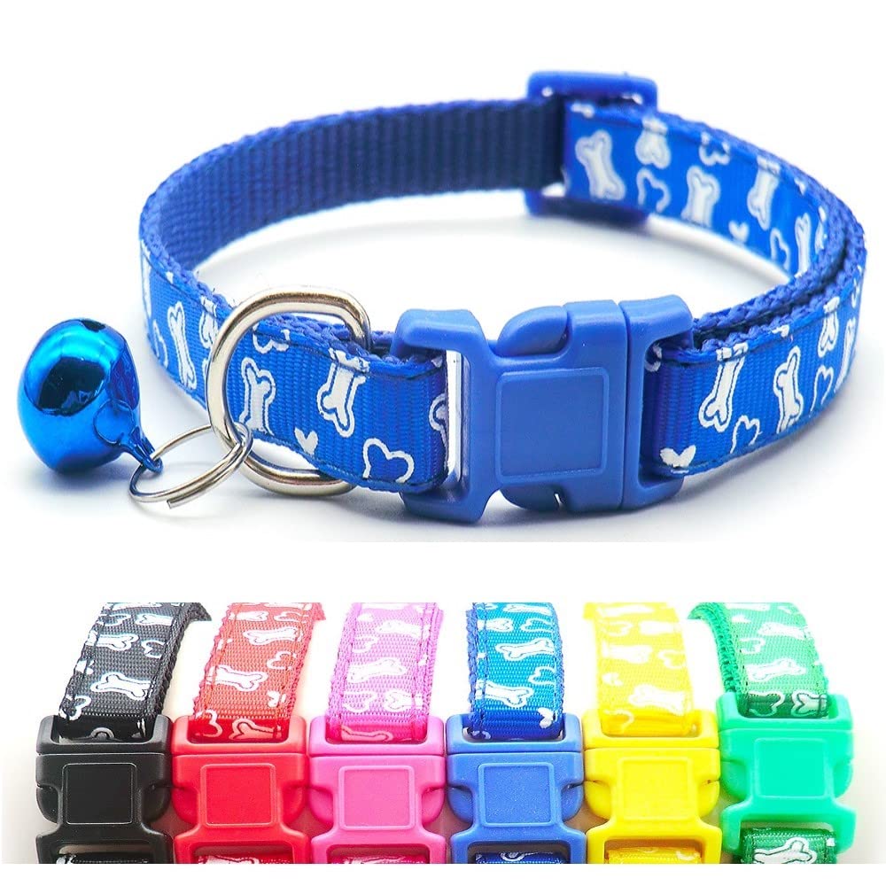 Small Dog Puppy Pet Collar White Bone Design with Bell Nylon Adjustable Size 19-32cm Blue