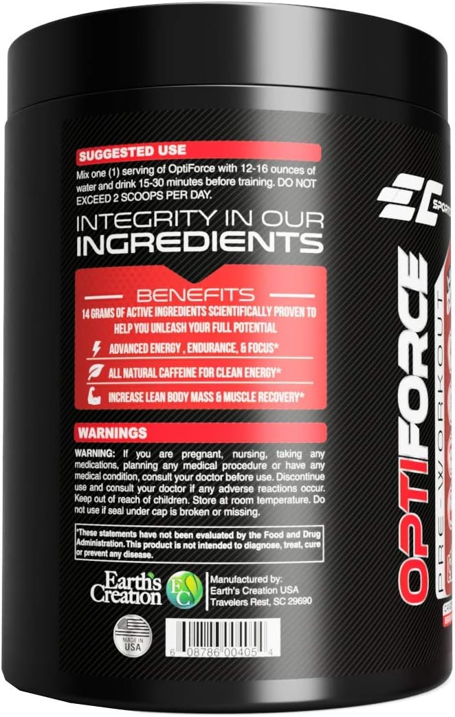EC Sports, OptiForce Pre-Workout, Clean Energy, 6G Citrulline Mallate, 2G Beta Alanine, 2G Betaine Anhydrous, Natural Caffeine, Candy Watermelon, 30 Servings, 15.34oz: Health & Personal Care