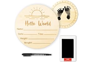 VRHGL Baby Announcement Sign,5.9" Hello World Baby Sign|Not Bleed on Wood Marker Pen| Ink Pad, 2 Sided Boho Sun Newborn Announcement Sign for Nursery Hospital Baby Shower Keepsake, Newborn Essentials