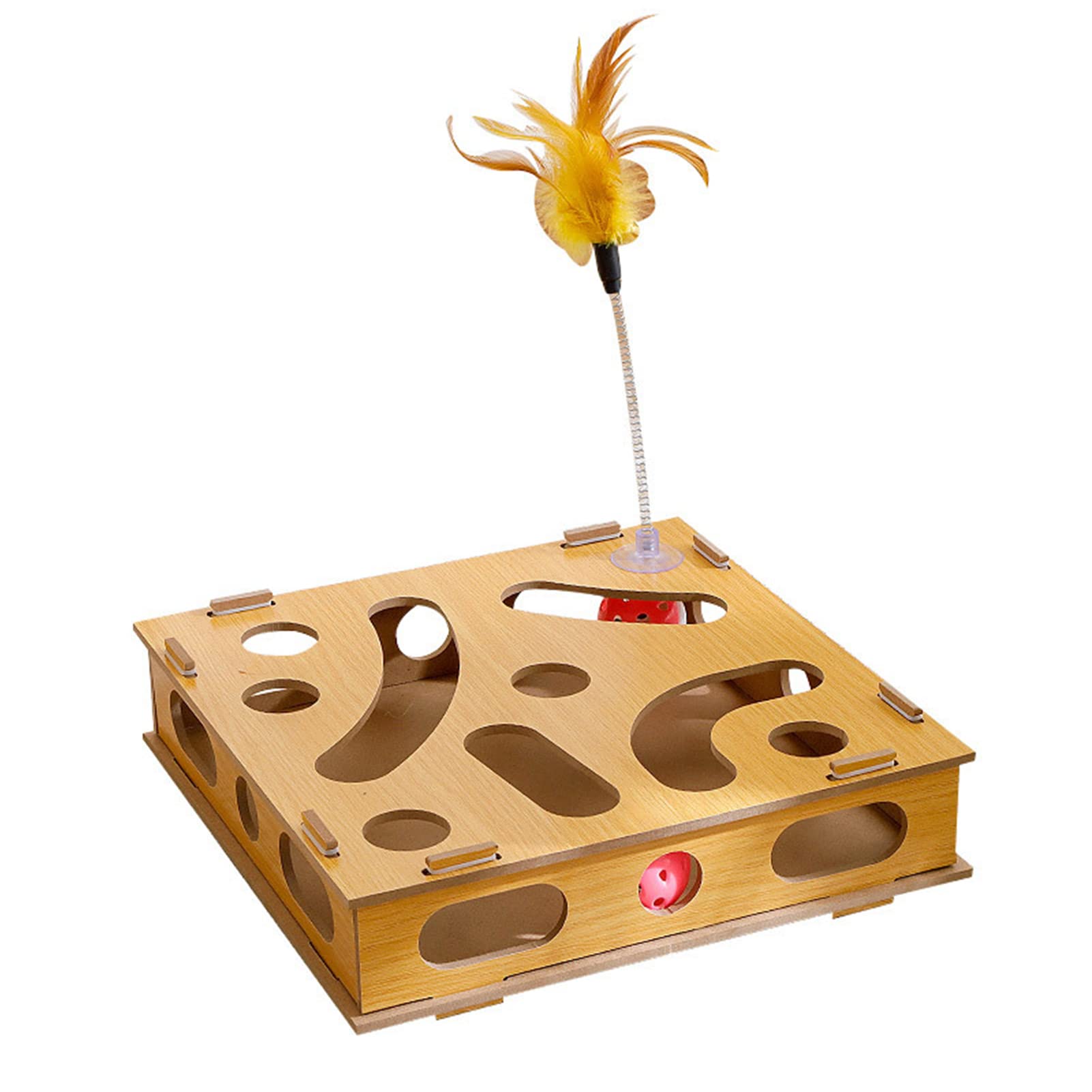 Interactive Cat Treat Puzzle Toy Box, Interesting Cat Game Box with Cat Teasing Stick for Indoor Cats