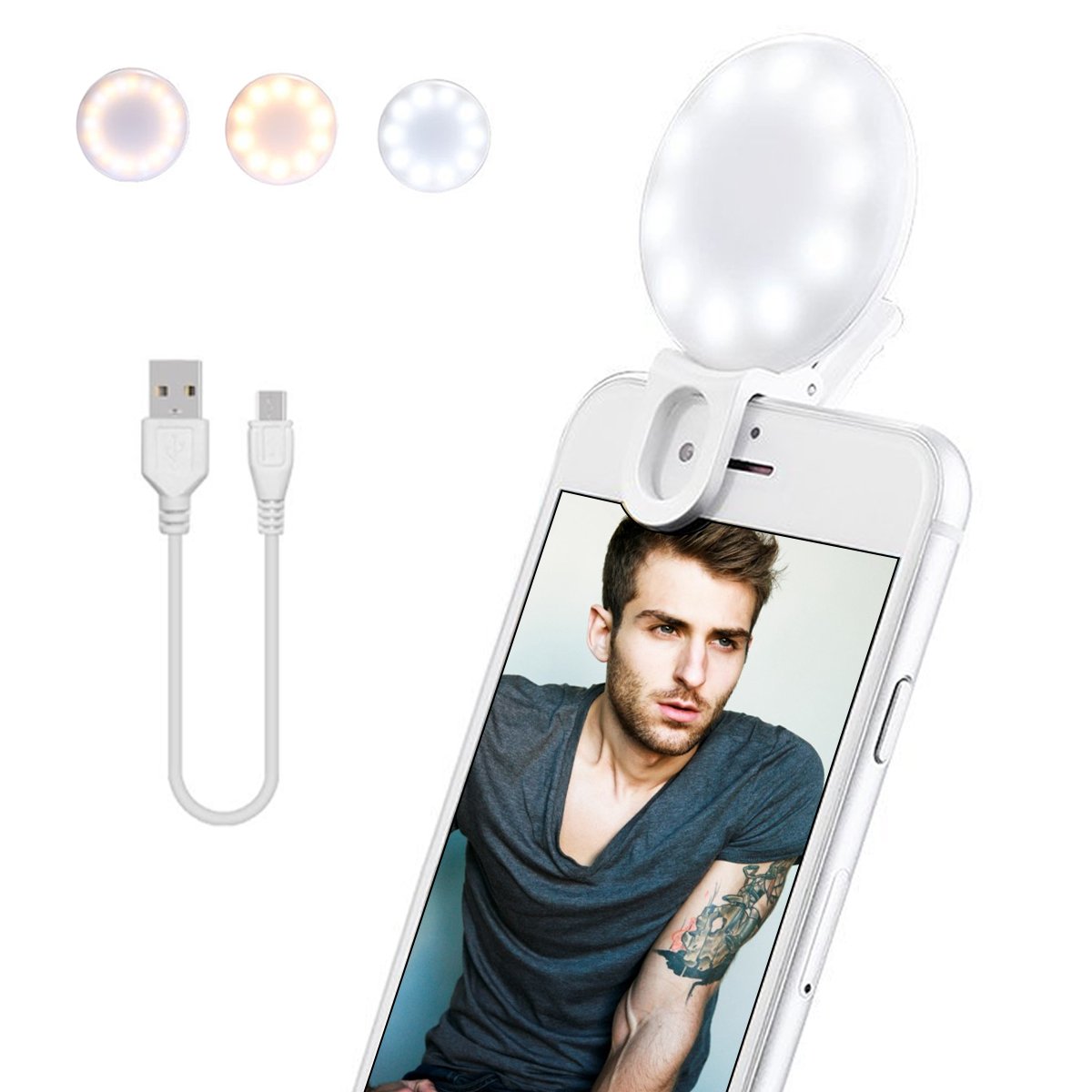 Selfie Ring Light, Clip-on Selfie Light with USB Charging Cable, Warm and Cold LEDs, for Smartphone Tablet Laptop-White (White)