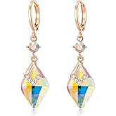 Trendy Austrian Crystal Rhombus Drop Huggie Dangle Earrings for Women 14k Rose Gold Plated Hypoallergenic Jewelry Gifts