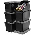 WYT 7 Quart Storage Bins with Lids and Latch, 6-Pack Stackable Plastic Organizing Box with Buckle and Handle, Durable Nestable Totes Containers (Black/Grey)