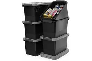 WYT 7 Quart Storage Bins with Lids and Latch, 6-Pack Stackable Plastic Organizing Box with Buckle and Handle, Durable Nestable Totes Containers (Black/Grey)