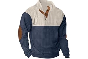 MGWTFZDL Mens Corduroy Sweater with Elbow Patches Long Sleeve Button Turtleneck Polo Shirts Vintage Waffle Sweatshirts