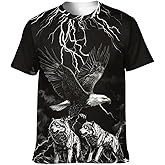 Cuntingvo Men's 3D Printed Wolf and Bald Eagle Graphic Tee Shirt Animal Theme Shirt