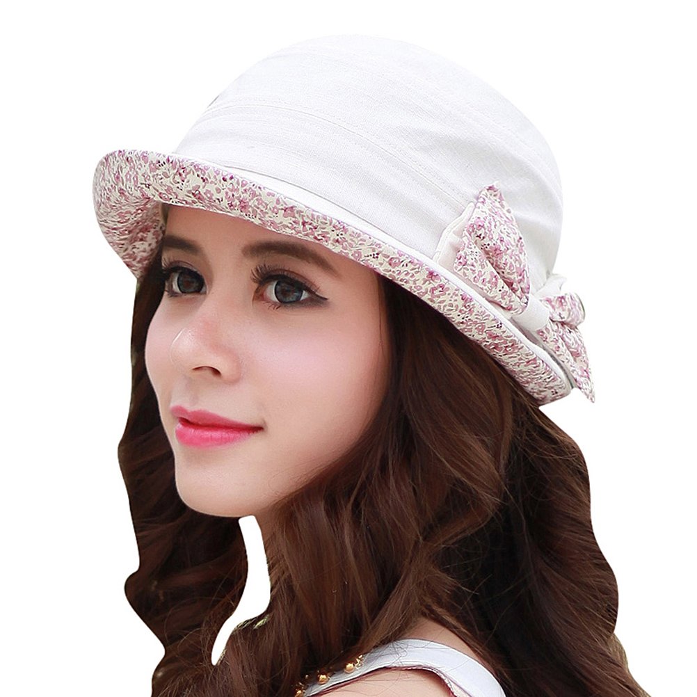 Photo 1 of CACUSS Women's Foldable Floral Bucket Hat Rolled Brim with Bowknot Beige