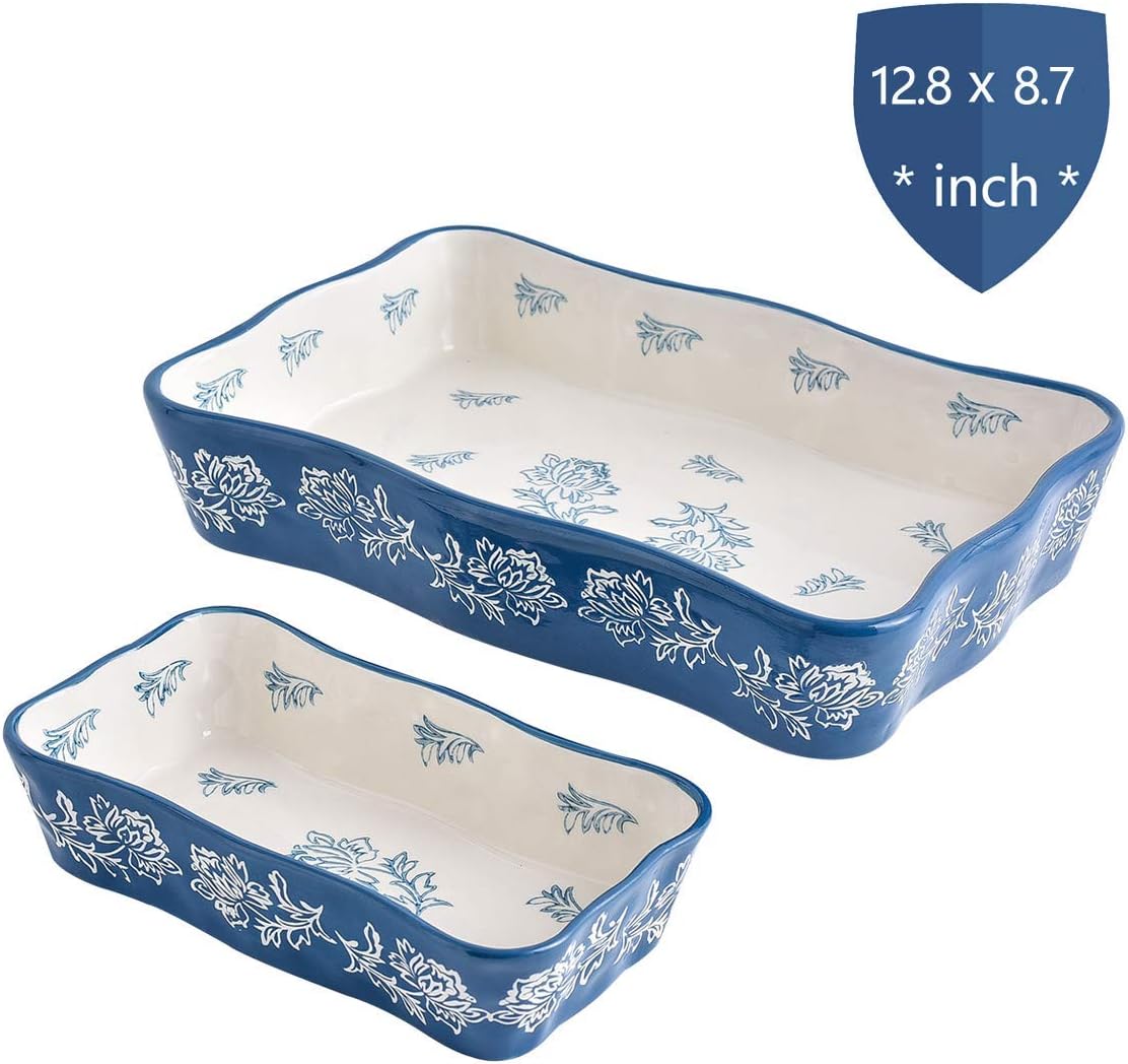 KINGSBULL HOME Bakeware Ceramic Baking Set 2-Piece Baking Pans Set Porcelain Baking Dish Blue Stoneware Casserole Dish