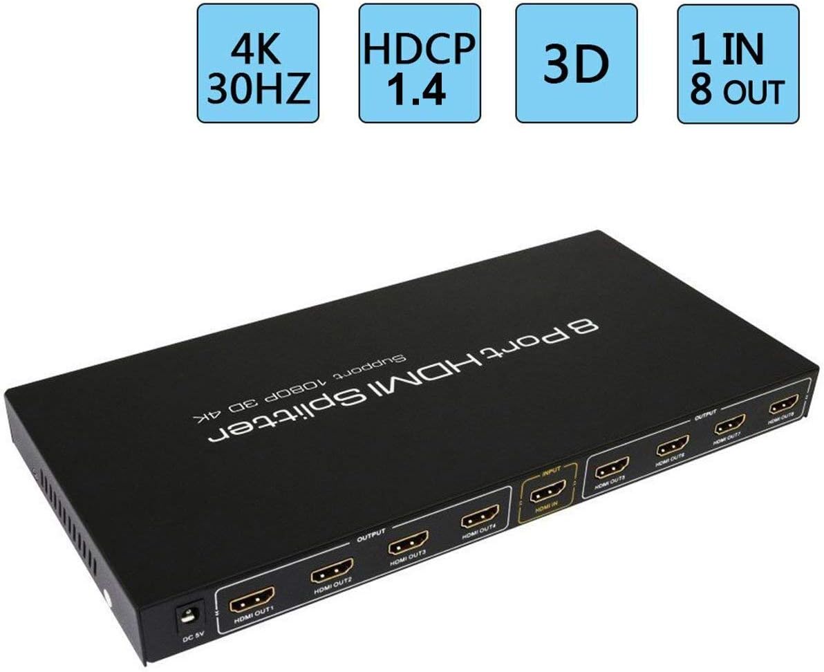 FiveHome 4K@30HZ HDMI Splitter 1x8 Supports Full Ultra HD 3D and 4K×2K Resolutions(1 in 8 Out)