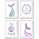 4Pcs Mermaid Wall Art Colorful Mermaid Tail Canvas Painting Shell Starfish Pictures Nursery Inspirational Quotes Wall Decor Watercolor Ocean Animal Posters Prints for Kids Girl Bedroom Unframed
