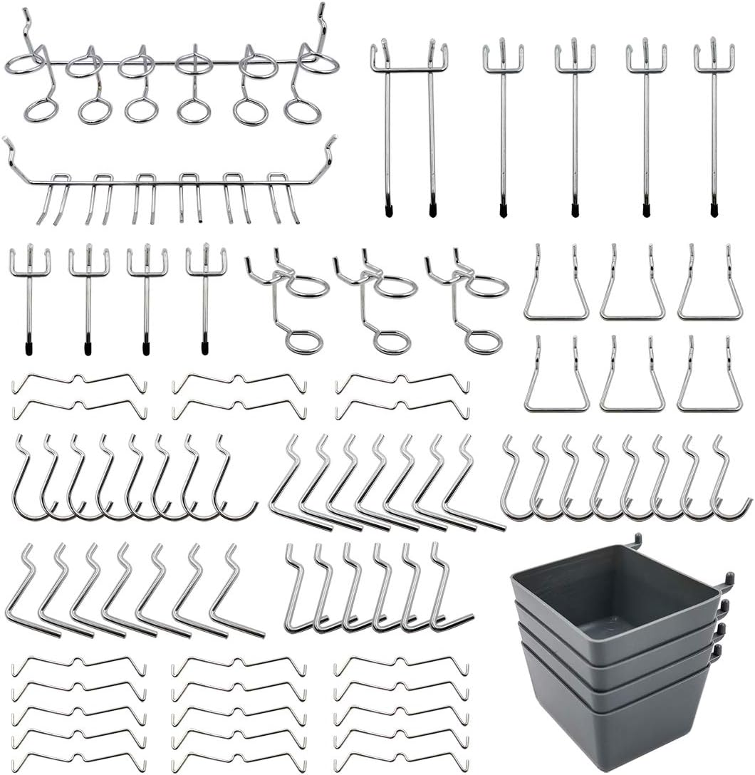 Pegboard Hooks Assortment with Pegboard Bins, Peg Locks, for Organizing Tools, 80 Piece