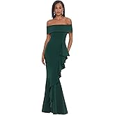 Betsy & Adam Womens Betsy & Adam Women's Floor-Length, Off-The-Shoulder, with Cascading Ruffle Detail and Fitted Silhouette