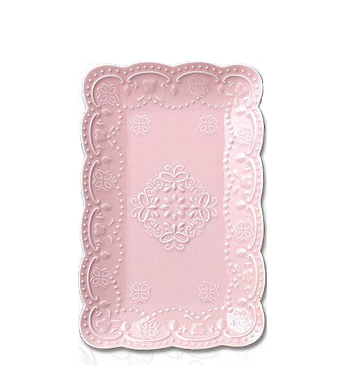 YBK Tech Elegant Rectangle Embossed Lace Plate Bone China Dessert Plate Ceramic Plate for Breakfast Afternoon Tea (Pink, 10-inch)