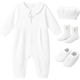 Bunnycool 4 Pcs Baby Boy Baptism Outfits with Cross Christening Outfit Jumpsuit Hat Shoes Socks for Newborn Infant Boys