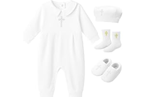 Bunnycool 4 Pcs Baby Boy Baptism Outfits with Cross Christening Outfit Jumpsuit Hat Shoes Socks for Newborn Infant Boys