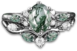 DONGHU Natural Moss Agate Engagement Ring for Women Pear/Hexagon/Kite/Princess Cut Gemstone Genuine Moss Agate Wedding Ring Set Bridal Ring Set 925 Sterling Silver 10K 14K 18K Gold Moss Rings for Women Size 4-12