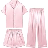 Weixinbuy Girls Pajamas Set Button Down Short Sleeve Pjs Satin Pajamas Sleepwear Lounge Set 3Pcs Pjs for Teen Kids Girls Boys