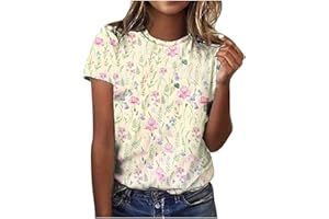 GENERIC Tops for Women Trendy Casual Round Neck Short Sleeve Top Floral Print Tees Vintage Shirt Loose Lightweight Blouses