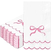 Whaline 50 Pcs Watercolor Bow Guest Napkins Pink Scalloped Disposable Napkins Dinner Hand Paper Napkin for Birthday Baby Shower Table Bathroom Party Supplies