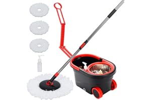 PULNDA Spin Mop and Bucket, Mop Set with Bucket On Wheels with 3 Microfiber Mop Refills, Stainless Steel 61" Extended Handle Mop and Bucket with Wringer Set for Floor Cleaning