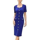 Allegra K Work Dress for Women Short Sleeve Square Neck Button Down Business Bodycon Office Dresses with Belt