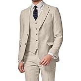 3 Piece Summer Linen Suits for Men, Men's Slim Fit Suit Set Two Buttons Casual Solid Blazers Vest Pants Set for Wedding Party