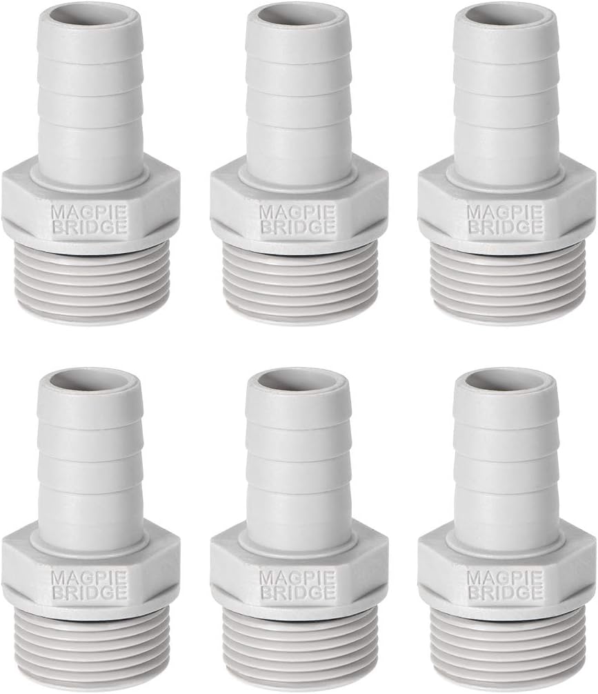 sourcing map PVC Barb Hose Fitting Connector Adapter 12mm or 15/32" Barbed x 3/4" G Male Pipe 6pcs, Grey, 15/32" x G3/4
