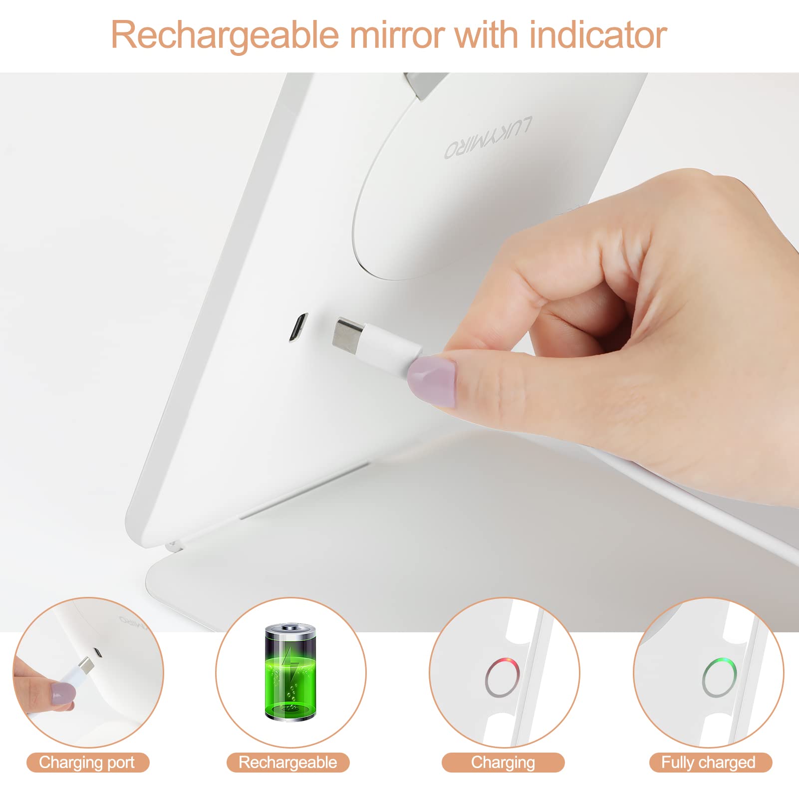 Rechargeable Travel Makeup Mirror with Lights, Portable Lighted Regular Mirror with Small 10X Magnification, 70 LEDs 3 Color Dimmable, Tabletop Folding Compact Cosmetic Mirror