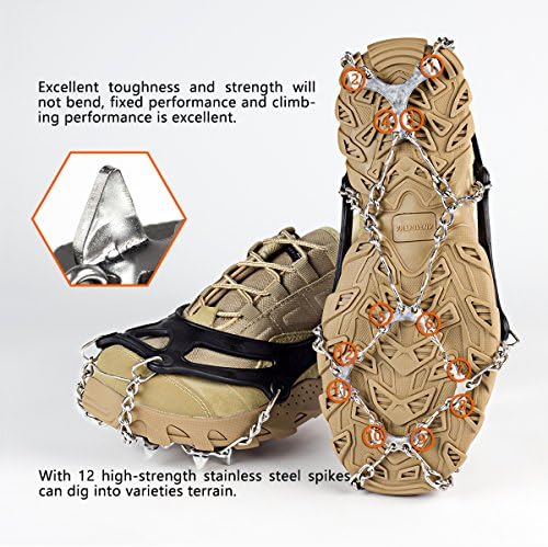 Ice Grippers Cleats Hiking on 12 Teeth Claws Traction Cleats  Stainless Steel Chain Anti-Slip Spikes Crampons,M/L