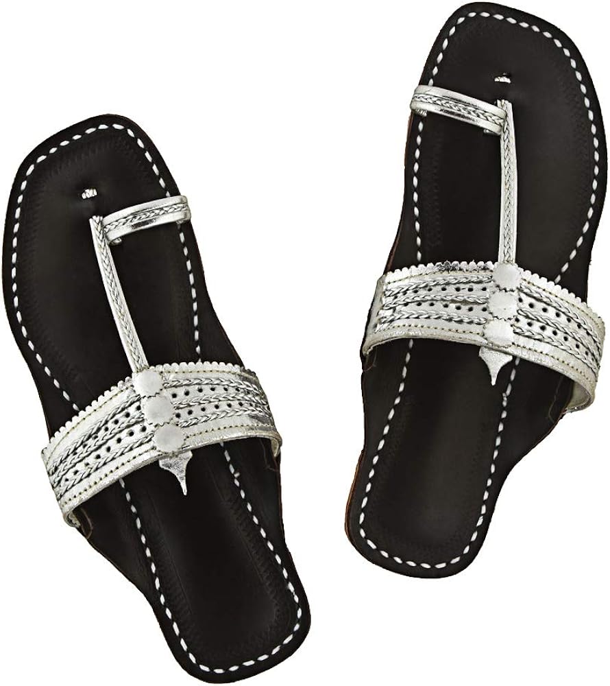 Amazon.com | KORAKARI- Kolhapuri Chappal Silver Upper Dark Brown Base with Punching and Braided 