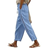 Puimentiua Women's Linen Capri Pants with Drawstring Petite Summer Beachwear Lightweight Elastic Waist Pants