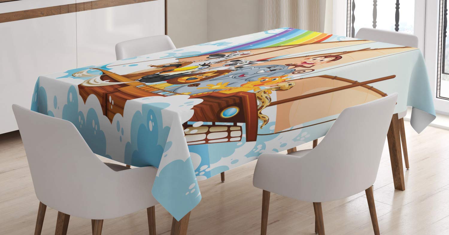 ABAKUHAUS Children Tablecloth, Many Animals on a Boat in Fluffy Clouds with Rainbow Fantasy Cartoon Print, ining Room Kitchen Rectangular Table Cover, 54 W X 66 L, Multicolor