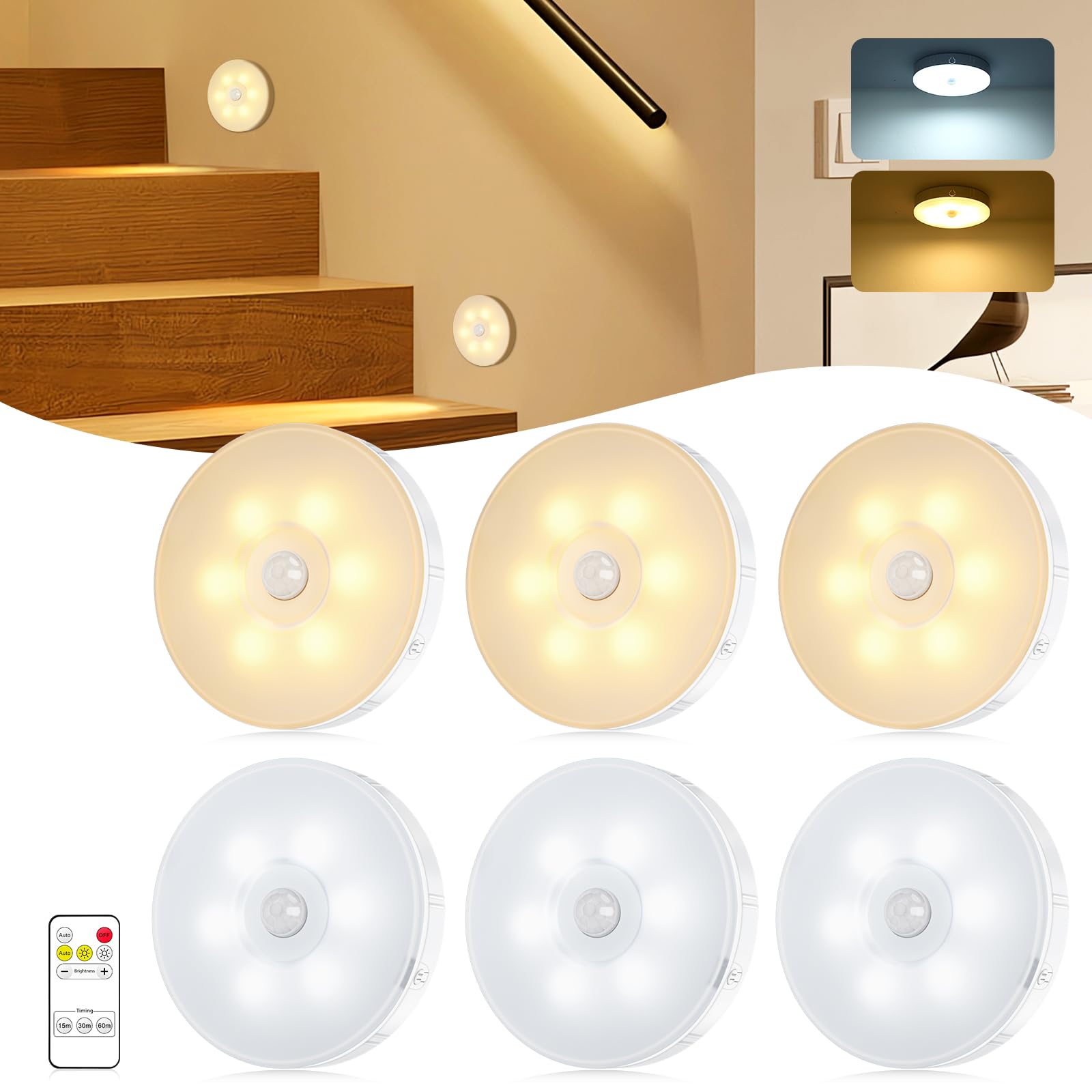 6 Pack Motion Sensor Lights Indoors,12 LEDs Stair Lights with Remote Control,5 Modes USB Charging Cupboard Lights Warm/Cool White,Dimmable LED Night Light for Closet,Hallway,Kitchen,Cabinet