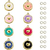 UMAOKANG 8pcs Assorted Colorful Enamel Charm for Jewelry Making, Gold Plated Stainless Steel Round Heart Charms Pendants Bulk