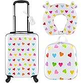 Sanwuta 4 Pcs Kids Luggage Set Rolling Suitcase Toddler Backpack U-shaped Pillow Travel Gift for Girls Boys Vacation(17 Inch,Heart Style,White)