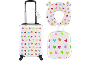 Sanwuta 4 Pcs Kids Luggage Set Backpack Travel Rolling Suitcase U-shape Pillow Christmas Children Gift for Girls Boys(17 Inch,Heart Style,White)