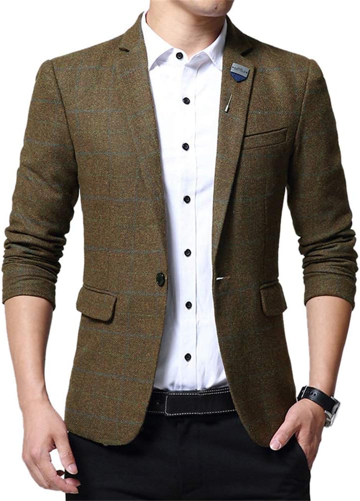 Mens Plaid Tweed Blazer Coat Smart Formal Dinner Suits Jacket