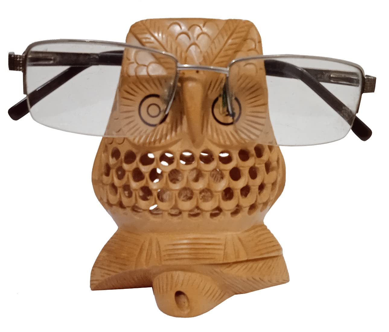 Purpledip Wooden Spectacles Stand Glasses Holder 'Night Vision': Owl Statue With Intricate Jaali Work (11143A)