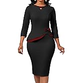 Oxgmoky Women Church Dress Work Business Bodycon 3/4 Sleeve Round Neck Pencil Dresses