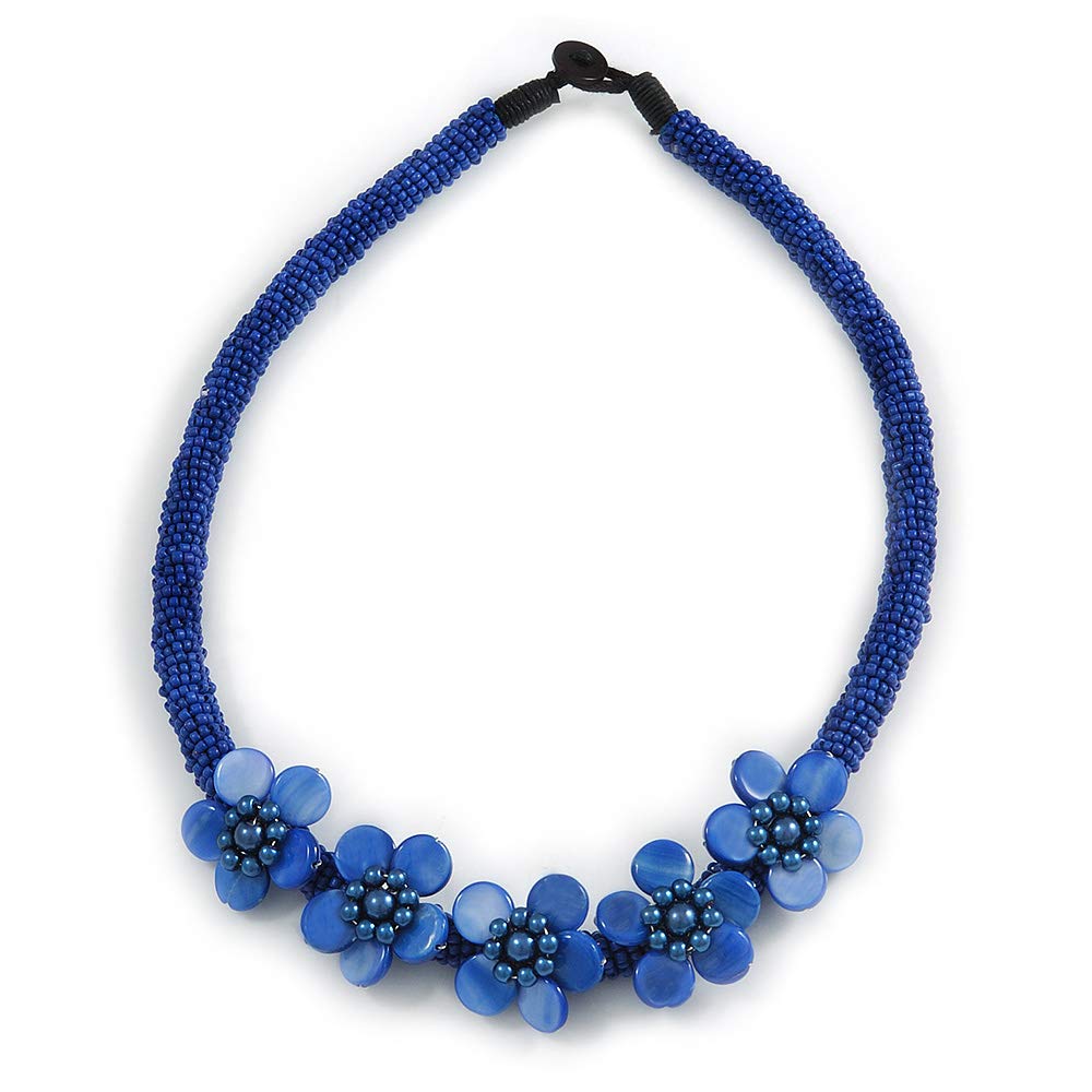 Avalaya Glass Bead with Shell Floral Motif Necklace/Blue/ 48cm L
